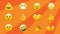 Animation of rows of multiple emoji icons on rotating orange stripes moving in seamless loop