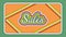 Animation of sales text over orange retro shapes on green background