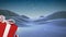 Animation of santa claus carrying huge christmas gift and snow falling in winter landscape