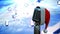 Animation of santa hat on vintage microphone with christmas presents falling on sky background