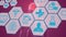 Animation of scientific icons in hexagons over human model on burgundy background