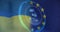 Animation of scope scanning and pound symbol over flags of ukraine and eu
