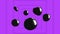 Animation of shiny black 3d shapes floating over moving purple concentric squares