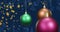 Animation of shiny christmas baubles with floating gold stars on dark blue background