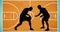 Animation of silhouette of basketball players over basketball court