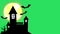 Animation silhouette black castle with yellow moon on green background.