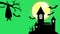 Animation silhouette black castle with yellow moon on green background.