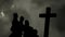 Animation of silhouette of Christian cross and a family over stormy sky