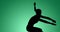 Animation of silhouette of female athlete landing from jump on green background