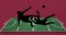 Animation of silhouette of football players with ball on pitch background