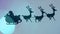 Animation of silhouette of santa claus in sleigh being pulled by reindeer on blue background