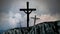 Animation of silhouette of three Christian crosses over clouds moving