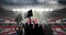 Animation of silhouettes of sports fans cheering with british flag over sports stadium