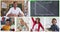 Animation of six screens of diverse children, teacher and chalkboard during online maths lesson
