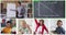 Animation of six screens of diverse children, teacher and chalkboard during online maths lesson