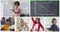 Animation of six screens of diverse children, teacher and chalkboard during online maths lesson