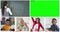 Animation of six screens of diverse children, teacher and green screen during online school lesson