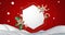 Animation of snow falling over christmas decorations around white hexagonal sign on red sky and snow