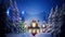 Animation of snow falling over christmas house and winter landscape