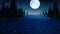 Animation of snow falling over full moon, stars and christmas trees on blue background
