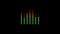 Animation of sound equalizer with bar graph triangle shape of audio wave with color changing from green to red on black background