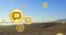 Animation of speech bubble icons over windmills on field against clear sky