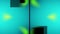 Animation of split screen with grey squares and green pixels changing size on blue background