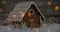 Animation of spots of light over gingerbread house in snow