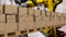 Animation of stacks of cardboard boxes on conveyor belt in warehouse