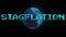 Animation of stagflation text in blue over globe rotating on black background
