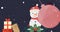 Animation of swinging pink bauble over christmas gifts and snowman on black background