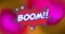 Animation of text boom on red explosion, over bright pink and orange blur