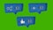 Animation of three blue speech bubbles with social media icons and numbers growing on green