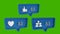 Animation of three blue speech bubbles with social media icons and numbers growing on green