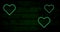 Animation of three green neon heart flashing on dark wood background