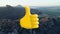 Animation of thumbs up yellow icon over landscape