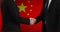 Animation of two caucasian businessmen shaking hands over flag of china