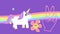 Animation of unicorn, hand showing victory sign and flowers on rainbow over purple background