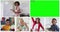 Animation of video call with green screen, diverse teacher and four children in online lesson