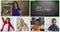 Animation of video call screens of chalkboard and diverse teacher and children having online lesson