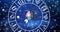 Animation of virgo star sign inside spinning wheel of zodiac signs over stars on blue sky