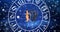 Animation of virgo star sign inside spinning wheel of zodiac signs over stars on blue sky