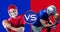 Animation of vs text over caucasian american football players from two teams on red and blue