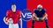 Animation of vs text, over caucasian american football players from two teams, on red and blue