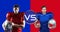 Animation of vs text over caucasian american football players from two teams on red and blue