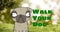 Animation of walk your dog text in green with comical pug dog portrait, over grass and trees in park