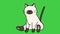 Animation white cat sitting on green background.