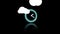 Animation of white clouds with hanging blue media icons and clock with moving hands, on black