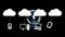 Animation of white clouds with hanging media icons over circular scanner with countdown, on black