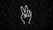 Animation of white neon peace sign hand, on black textured background